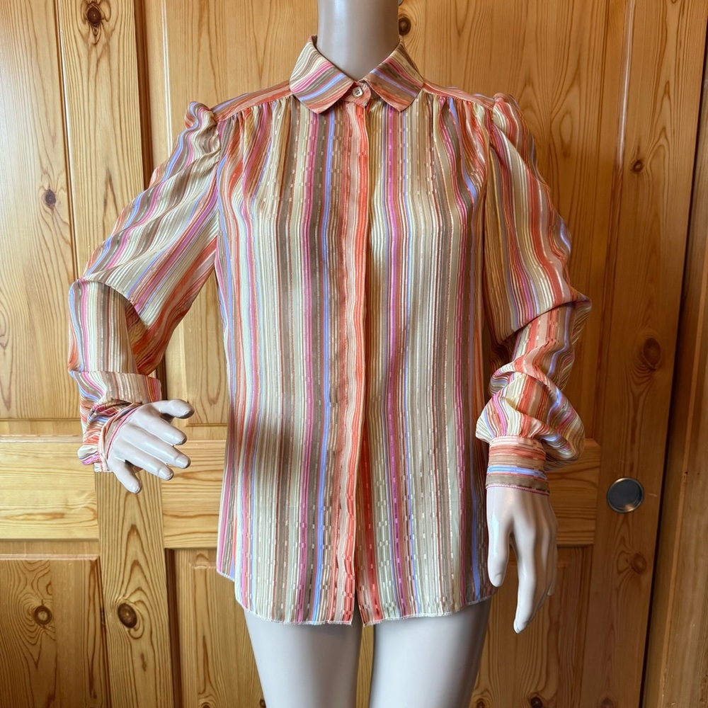 Vintage 80s St John Striped Blouse Size 8 Beige Orange Blue Quiet Luxury